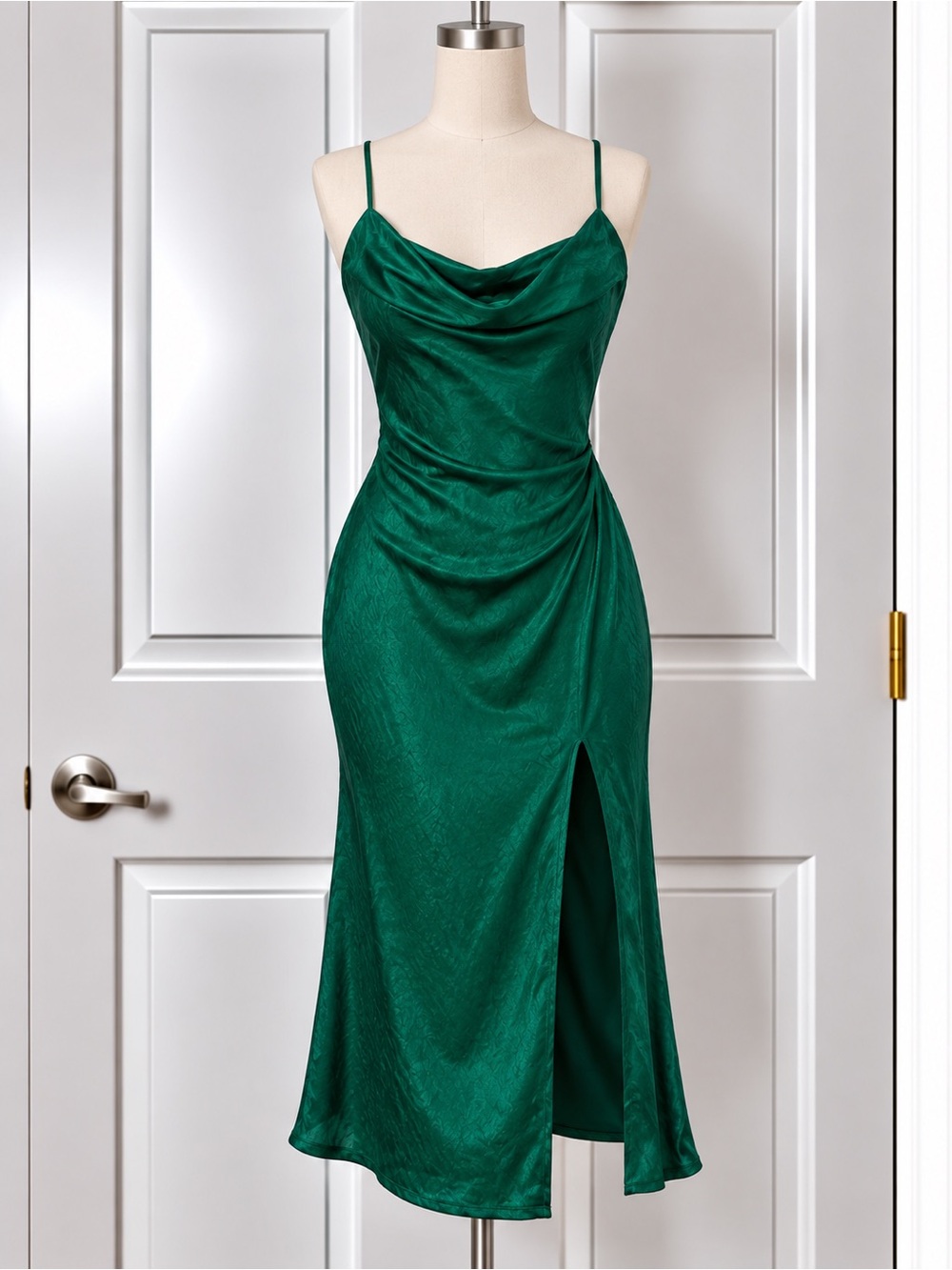 Justify Women’s Emerald Green Satin Dress with Cowl Neck L